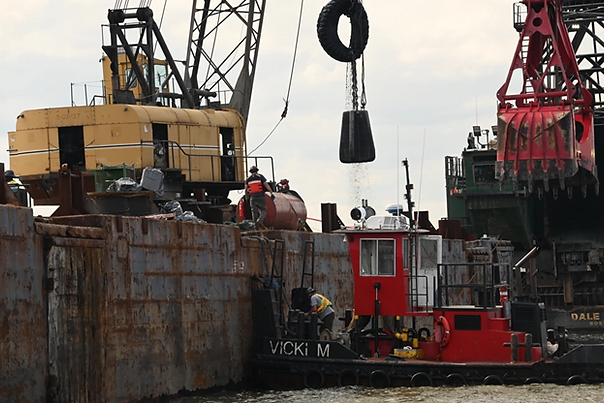 Salvage and wreckage removal crews continue operations on the collapsed Key Bridge in Baltimore, Maryland, April 10, 2024.