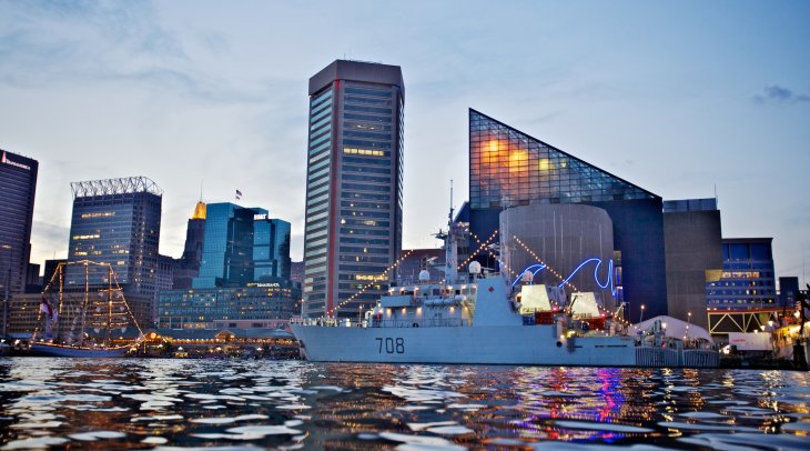 IMAGE: Baltimore&#039;s Inner Harbor at dusk during 2012&#039;s Star-Spangled Sailabration