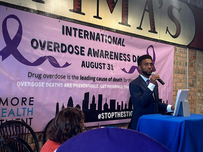 Mayor Brandon M. Scott giving a speech at the International Overdise Awareness Day event