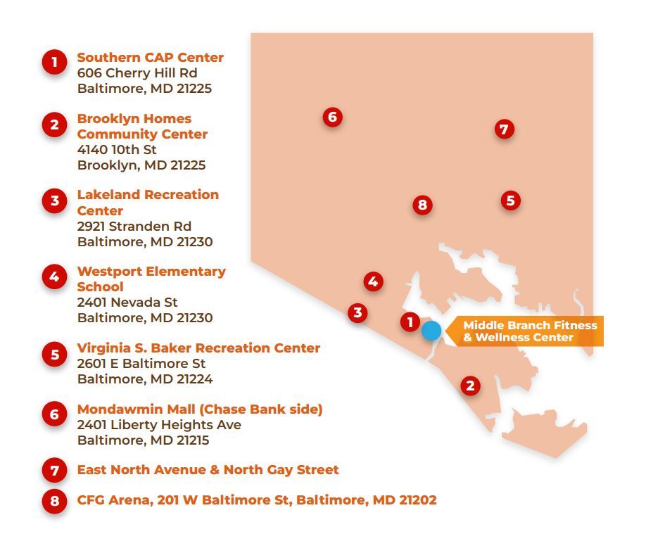 Map of Baltimore City with the locations listed below in the press release marked.