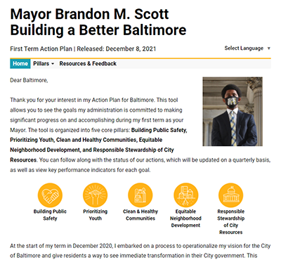 Image of the tracker website, showing the top of the page from https://mayor.baltimorecity.gov/tracker