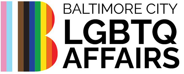 Rainbow shaded capital B to the left of text Baltimore City LGBTQ Affairs