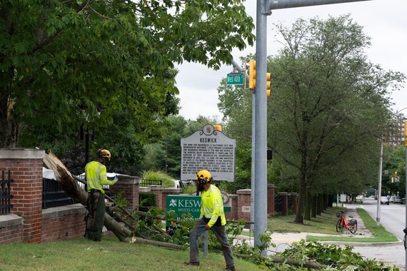 Workers break down storm debris