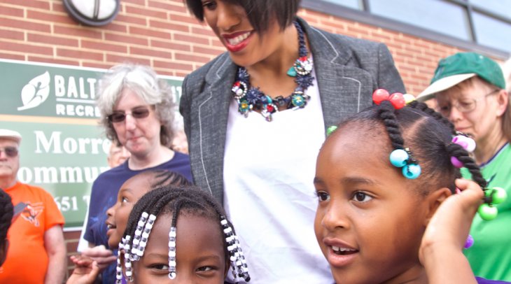 Mayor Rawlings-Blake and children at the opening of the Morrell Park Community Center